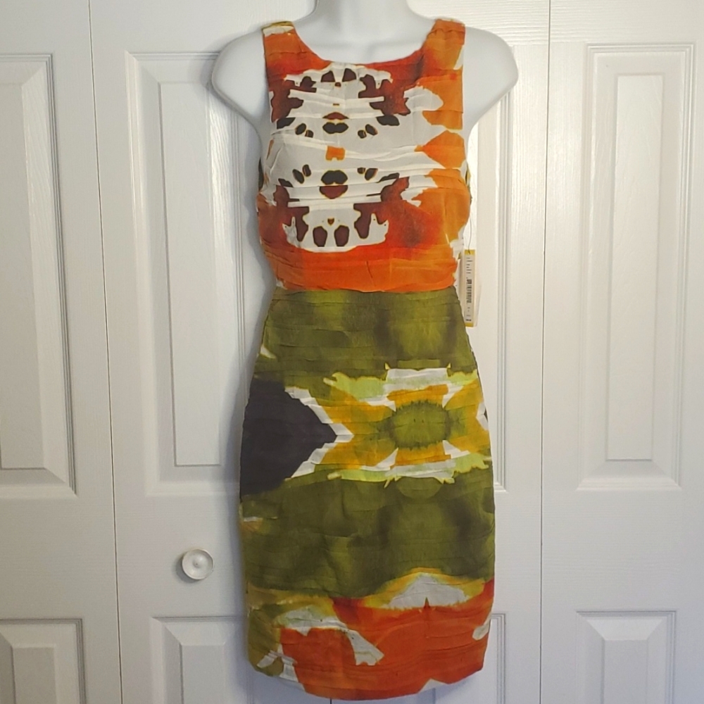 Alice + Olivia | Orange & Green Printed Silk Shift Dress Sz 2